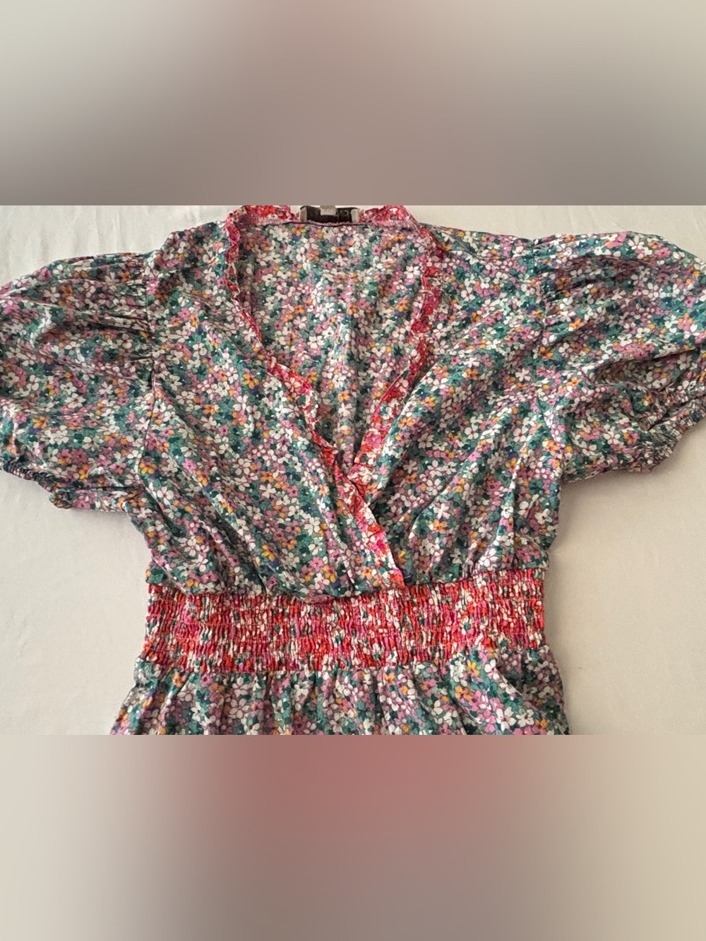 Ditsy Floral Summer Dress w/ V-Neck & Puff Sleeves 100% Cotton Women’s XL Boho - Picture 4 of 13